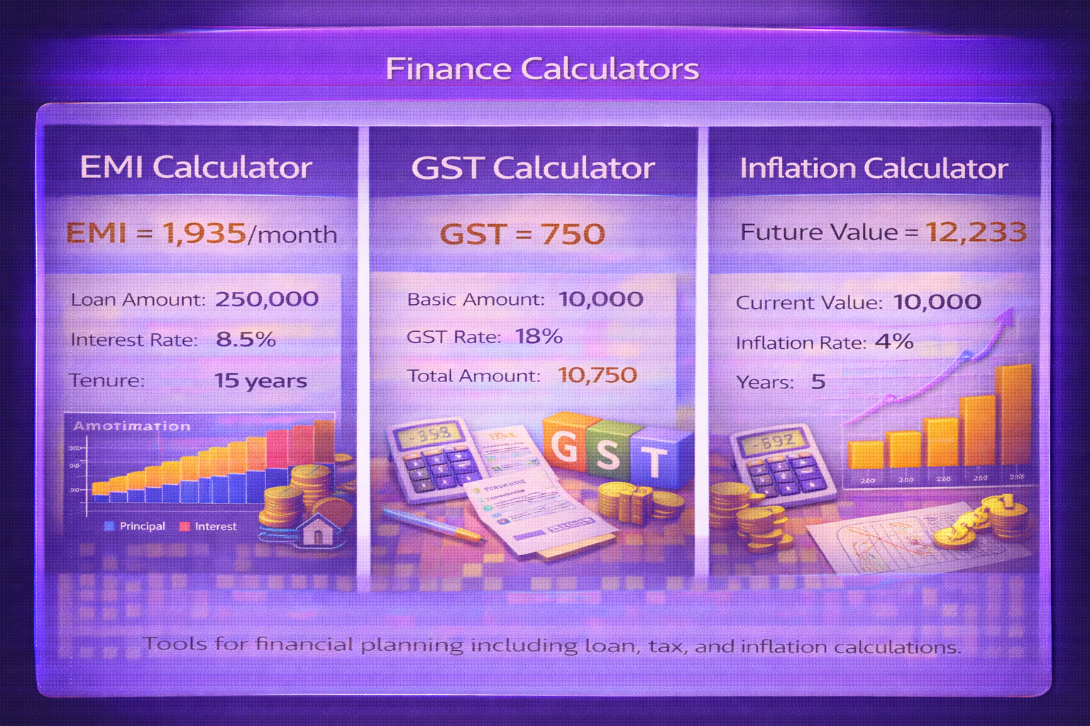 Overview of finance calculators like EMI, GST, inflation for financial planning